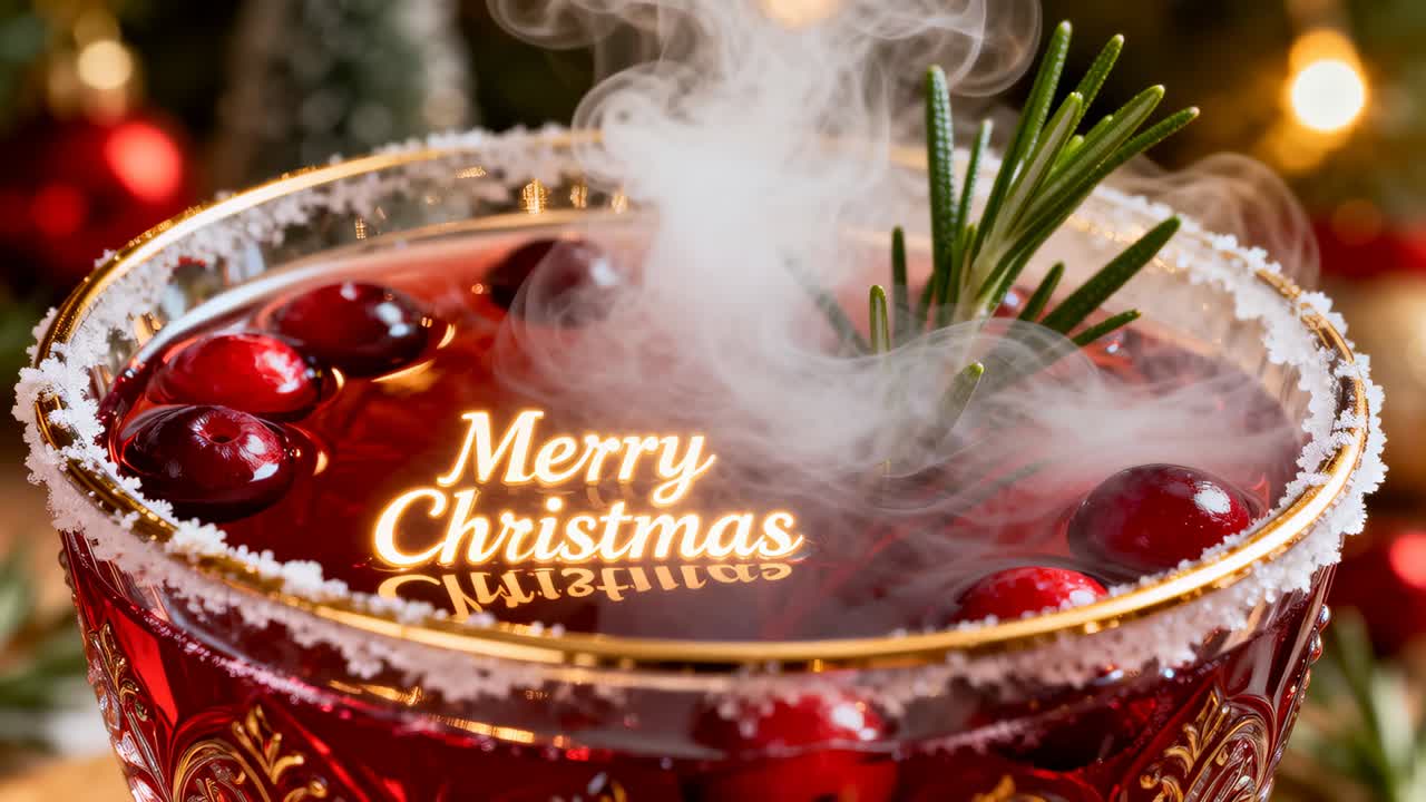 Mist starting, goblet steaming from warm drink at festive table, showing Merry Christmas reflection