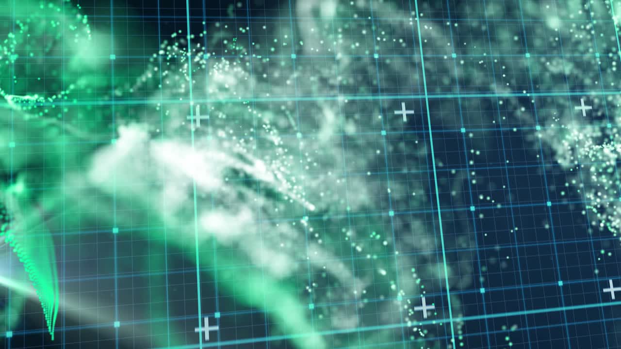 녹색과  ⁇ 색 입자가 움직이고 검은색 바탕에 파란색 그리드의 애니메이션