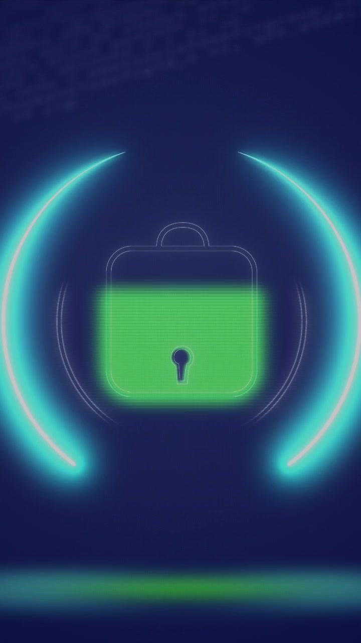 Animazione di cerchio al neon con lucchetto digitale su dati su schermo digitale blu navy