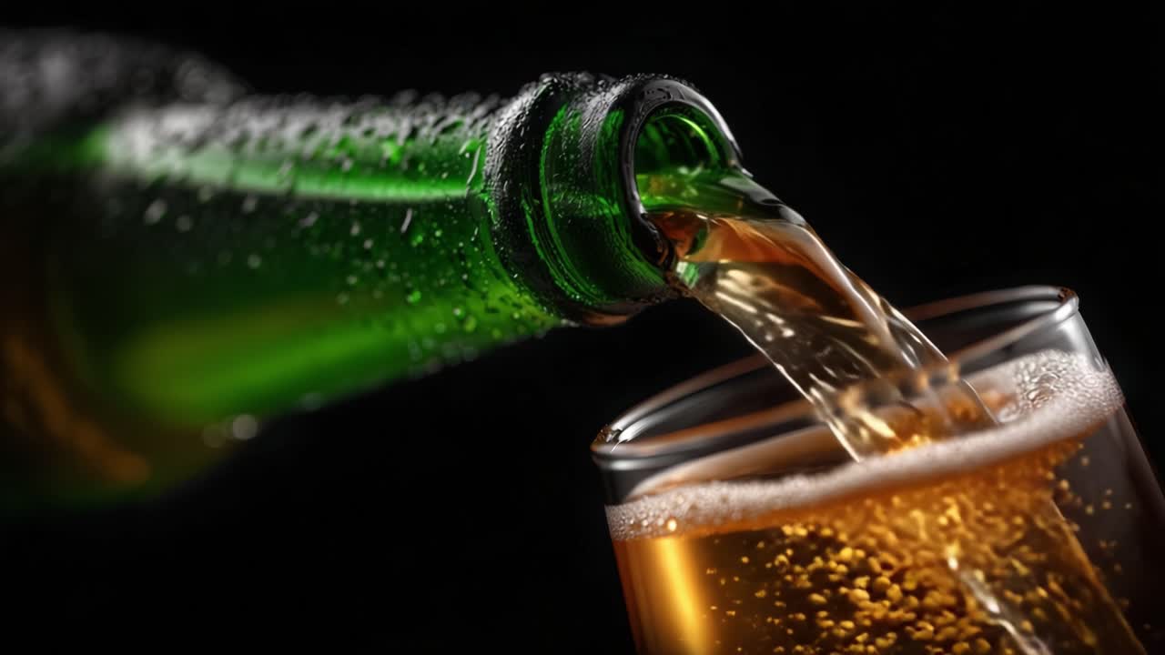 Bevanda rinfrescante che si versa da una bottiglia verde in un bicchiere di cristallo, mostrando bollicine e il movimento del liquido su uno sfondo scuro.