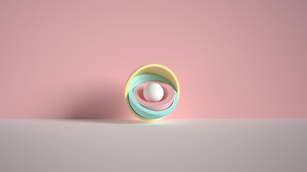 diseño de movimiento minimalista en 3d, bola escondida dentro de hemisferios coloridos, capas que se abren, objetos geométricos simples, formas primitivas aisladas en fondo azul, imagen en vivo, póster animado moderno