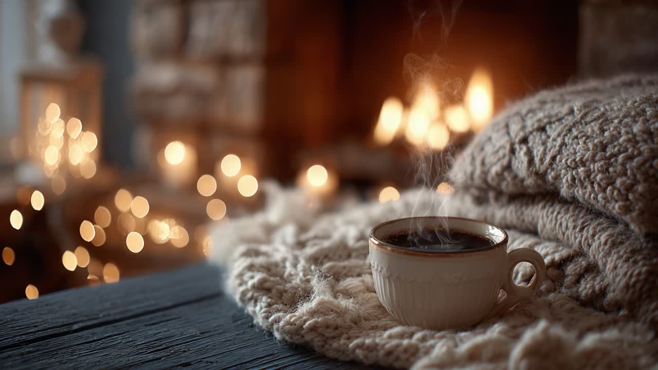 A Cozy Winter Scene: A Steaming Cup of Coffee on a Textured Blanket in Front of a Warm Fireplace Surrounded by Soft Glowing Lights