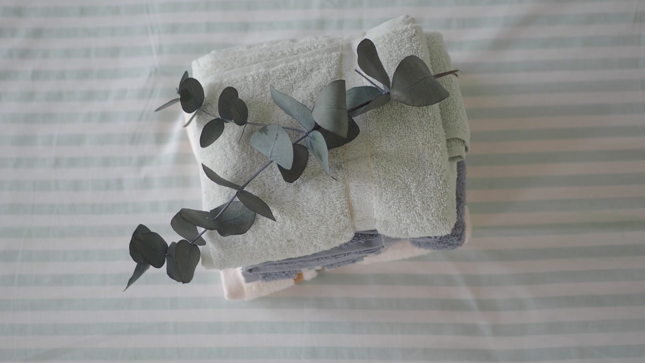 Eucalyptus Branch on Stack of Freshly Folded Towels