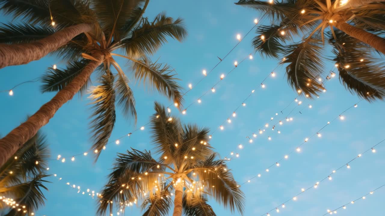 Low-angle view of palm trees adorned with string lights against a twilight sky, creating a festive