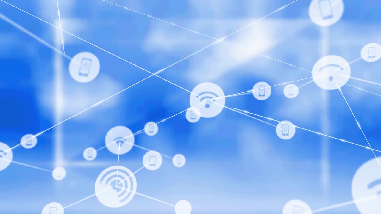 Animation of networks of connections with icons over shapes on blue background