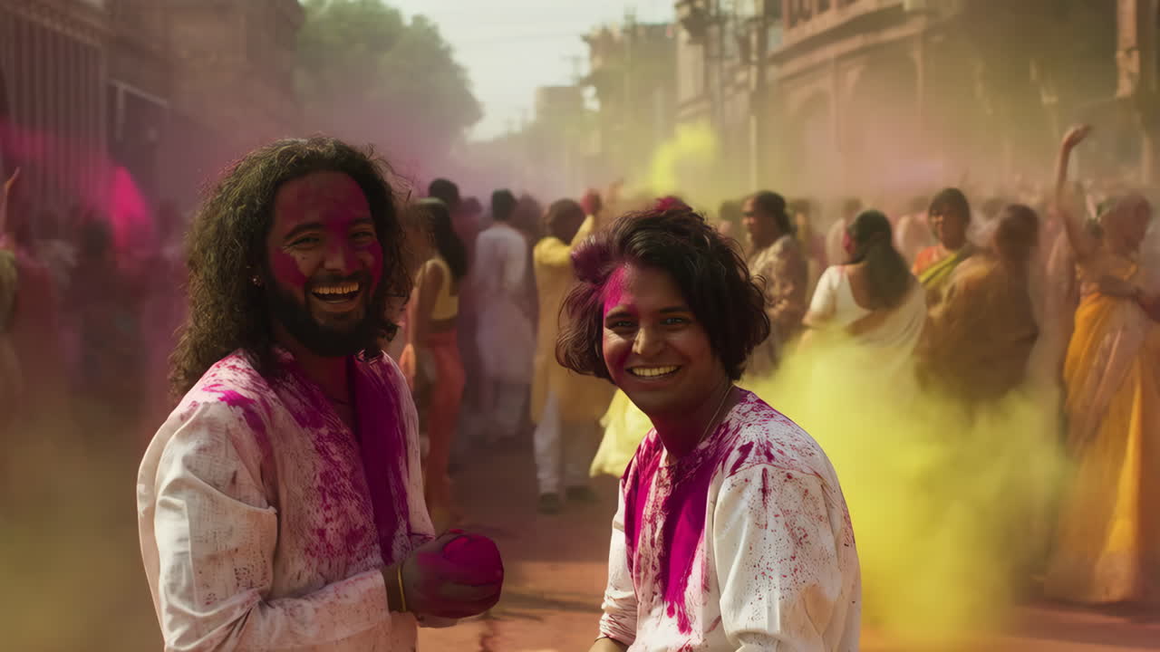 Pessoas celebrando o festival Holi com pó colorido