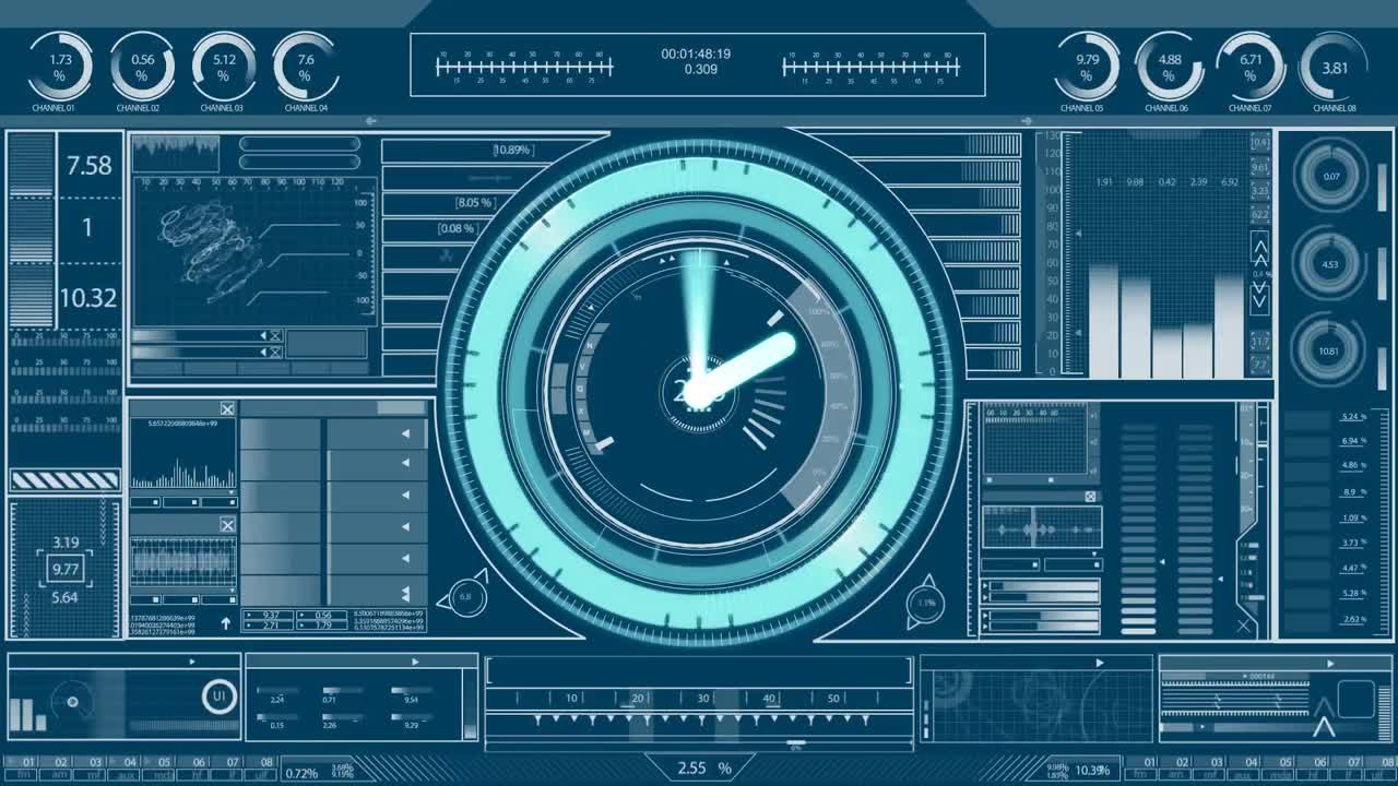 Animation of clock moving fast with data processing and statistics