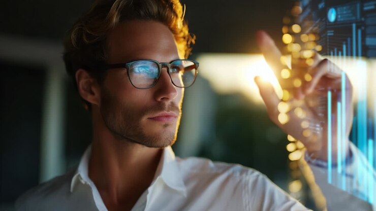 A focused individual engages with a digital interface, showcasing advanced technology and data visualization, emphasizing the intersection of human intellect and innovative design in a modern environment