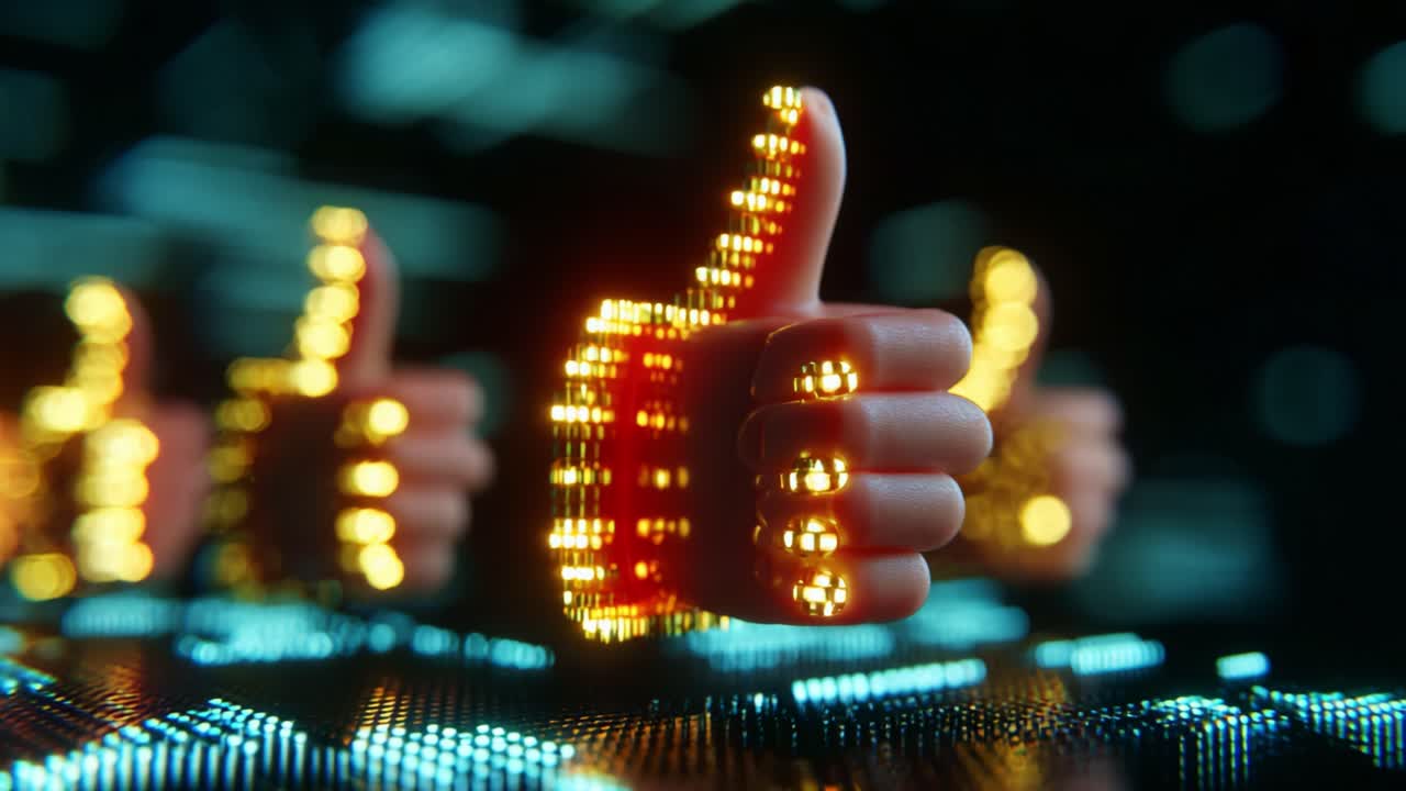 A Stunning Visualization of Digital Thumbs Up, Showcasing Brightly Lit 3D Effect with Vibrant Colors Against a Dark Background, Highlighting the Intersection of Technology and Expression