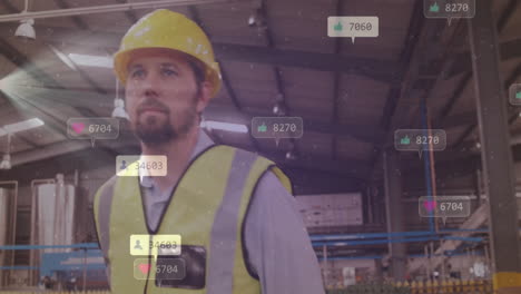 iconas de interacción de las redes sociales animación sobre trabajador en un almacén industrial