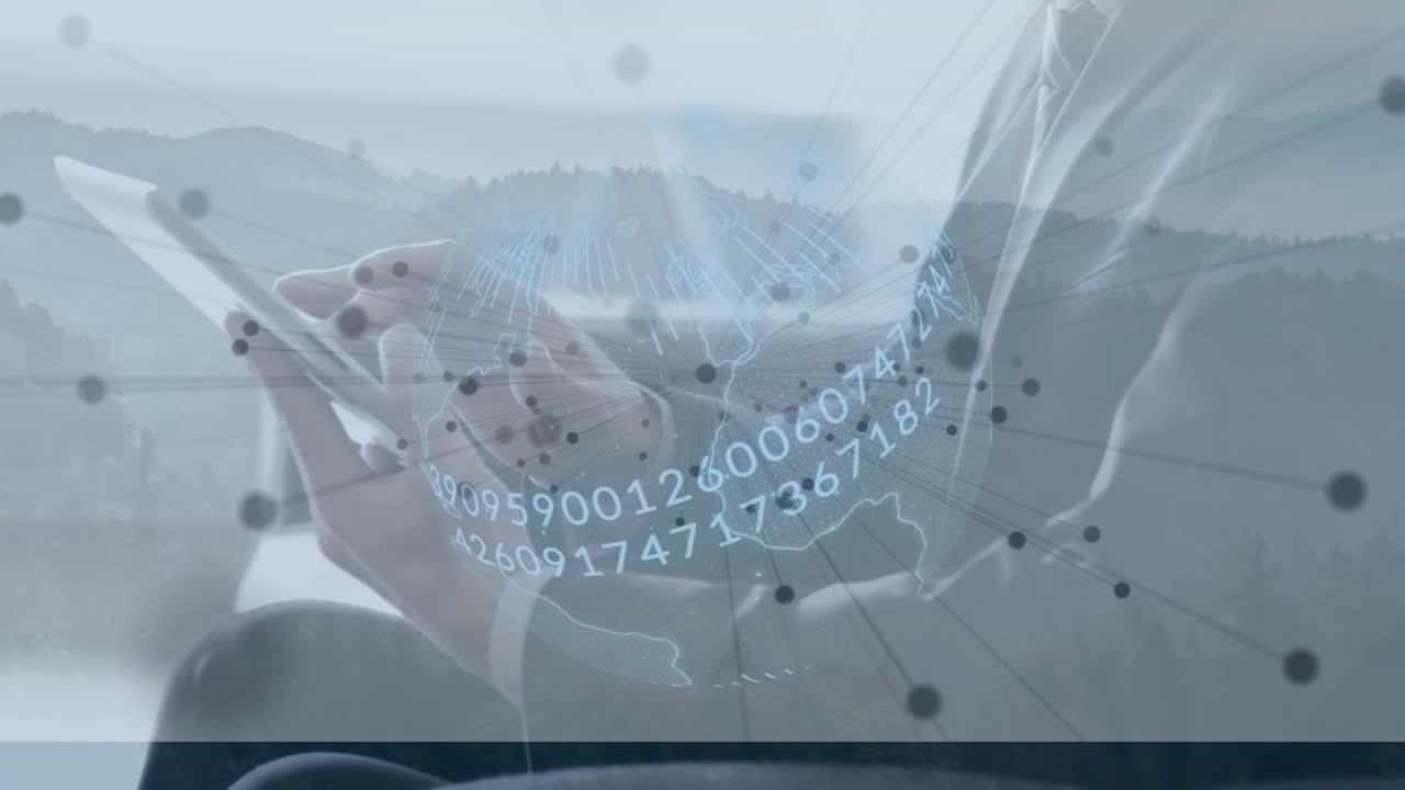 анимация глобуса и гор над кавказским бизнесменом с помощью смартфона