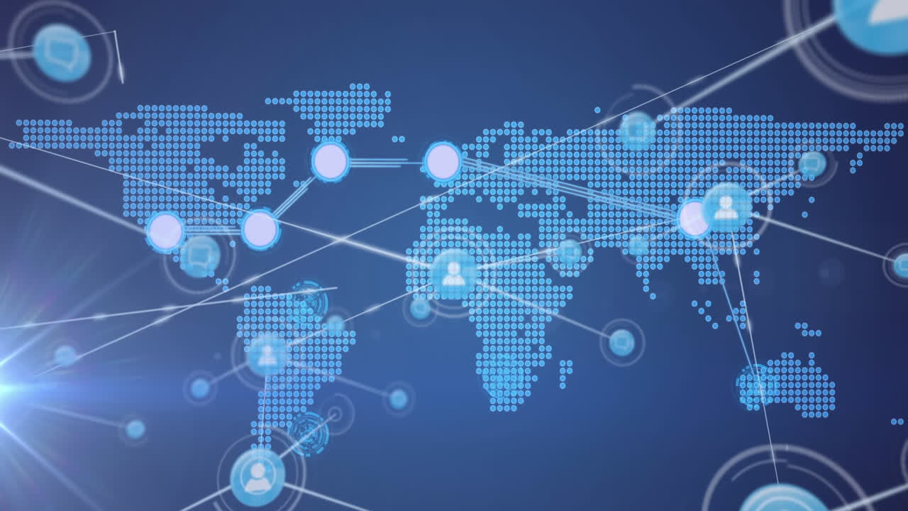 파란색 배경에 대한 세계 지도 위의 연결 네트워크와 빛의 점의 애니메이션