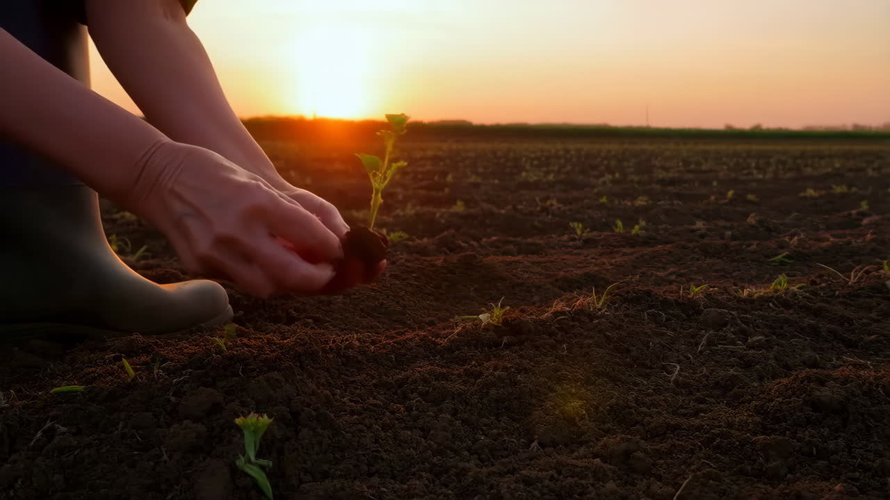 A farmer's hands planting a small seedling in the soil at sunset