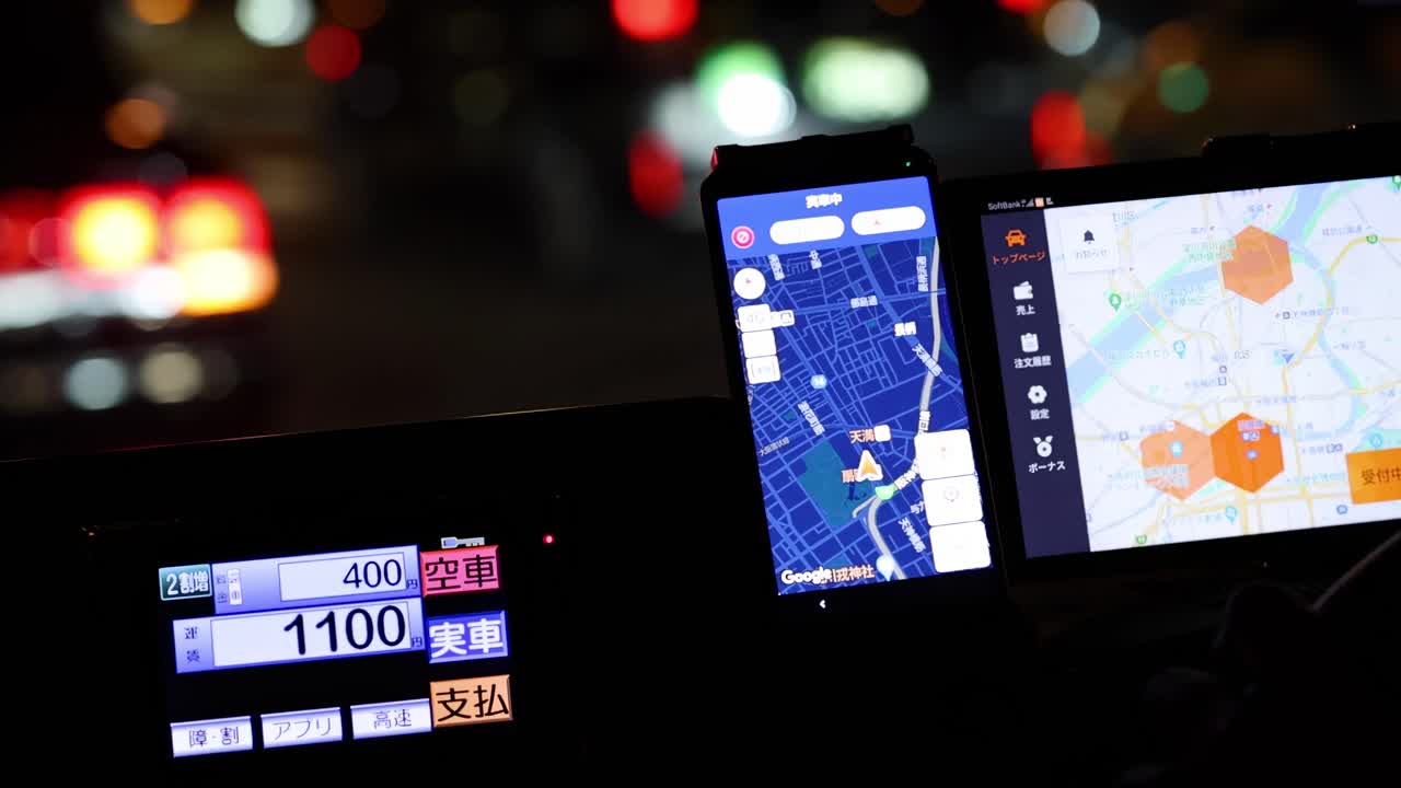 Taxi Dashboard with Navigation System at Night