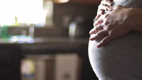 a captivating scene of anticipation: expecting mother holding her pregnant belly in a warm kitchen environment with soft lighting