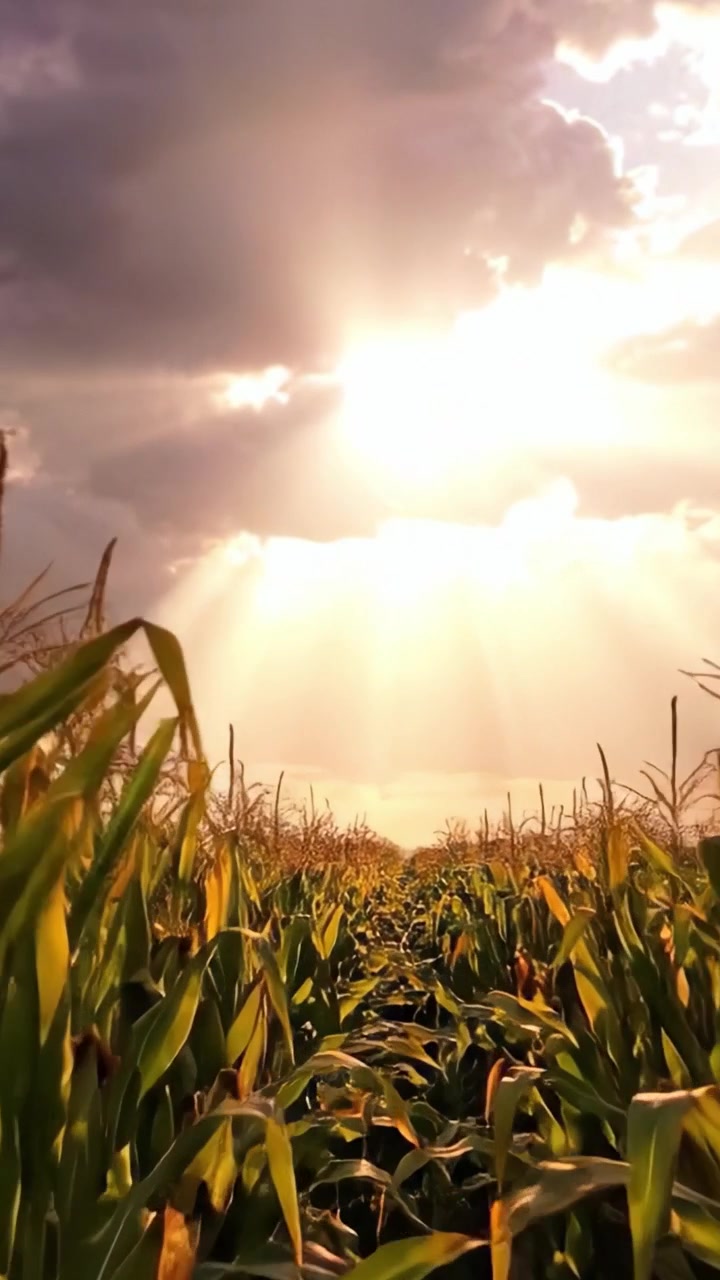 Majestic Sunlight Illuminating a Lush Cornfield Under Dramatic Skies, Capturing the Beauty of Nature's Bounty During the Golden Hour of Day.
