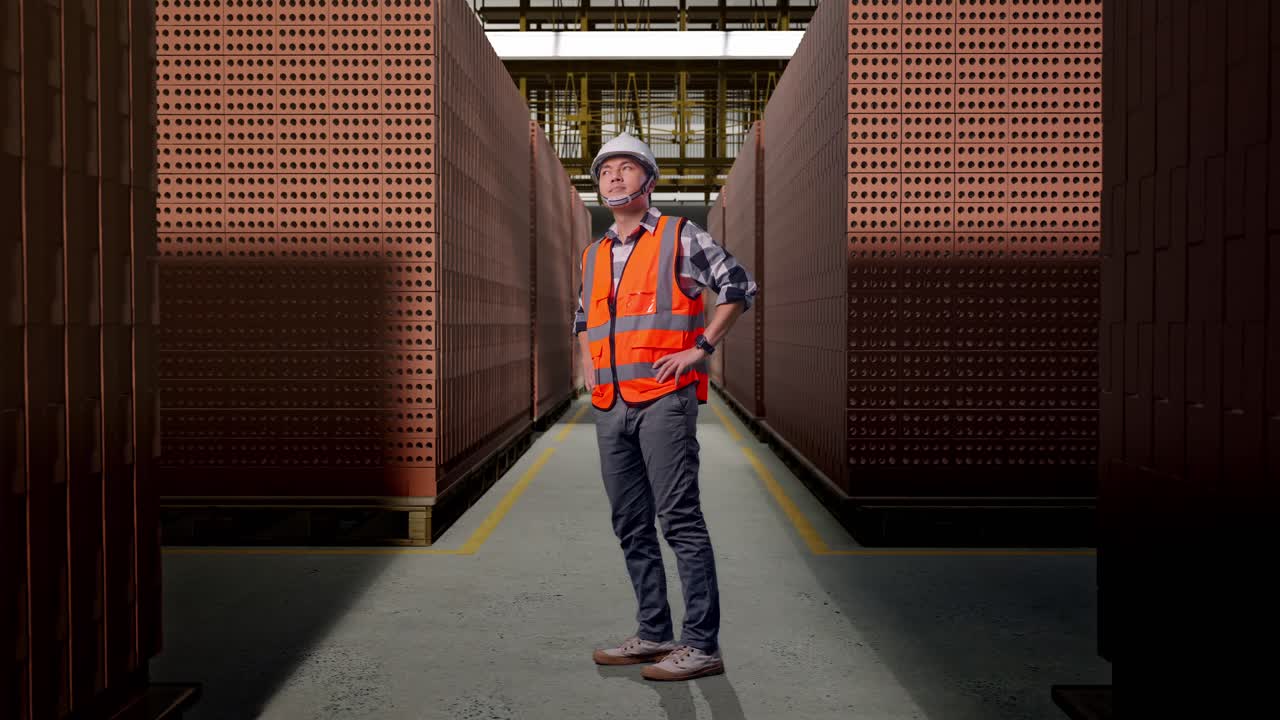 Full Body Side View Of Asian Male Engineer Wearing Safety Helmet Looking Around While Standing With Arms Akimbo With Red Brick Packed in Stacks Are Stored