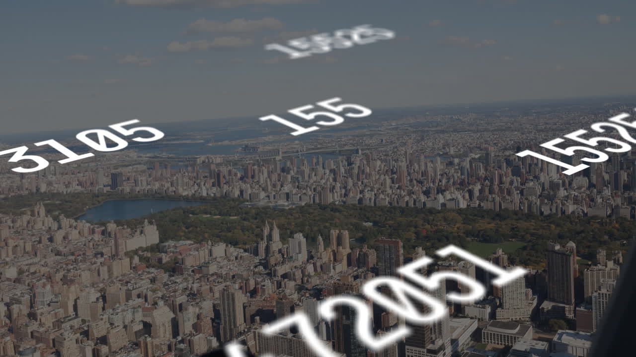Floating numbers animation over aerial view of cityscape and park