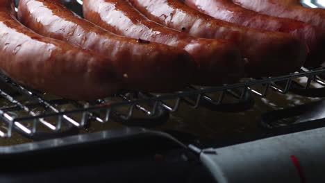 close-up of sizzling fresh german sausages on electrical bbq grill bavarian traditional pig intestine casing green cooking combat global warming bratwurst rostbratwurst delicious bavaria cusine 220v