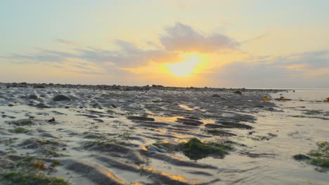 Low-angle-pan-across-wet-sand-to-running-water-during-sunset-in-slow-motion-at-Fleetwood,-Lancashire,-UK