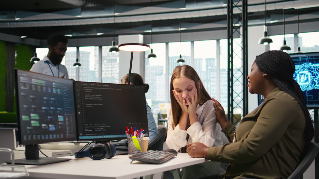 Employee Helping Upset Friend In Need At Work, Comforting Coworker