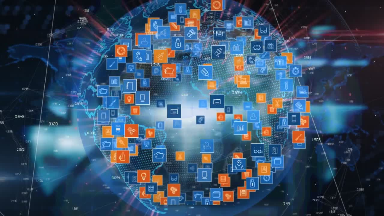 animación del globo con iconos digitales sobre fondo azul