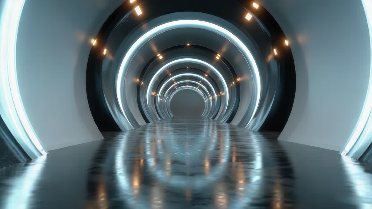 Mystisk futuristisk tunnel med cirkulære lys og skinnende gulv, der fører ind i det ukendte og antyder uendelig dybde og udforskningspotentiale