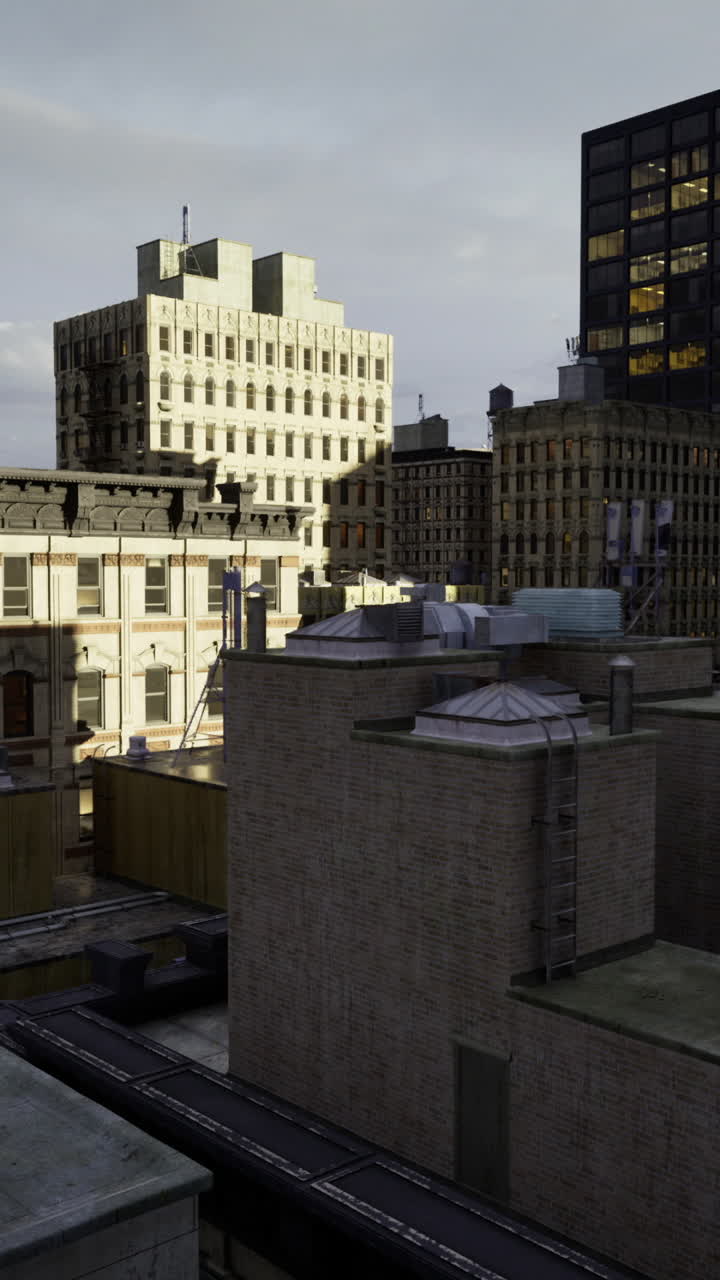 Urban skyline view at dusk featuring buildings and rooftops