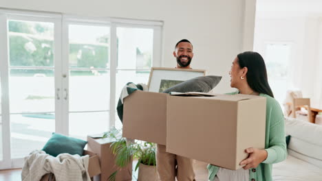 happy couple, box and moving in real estate