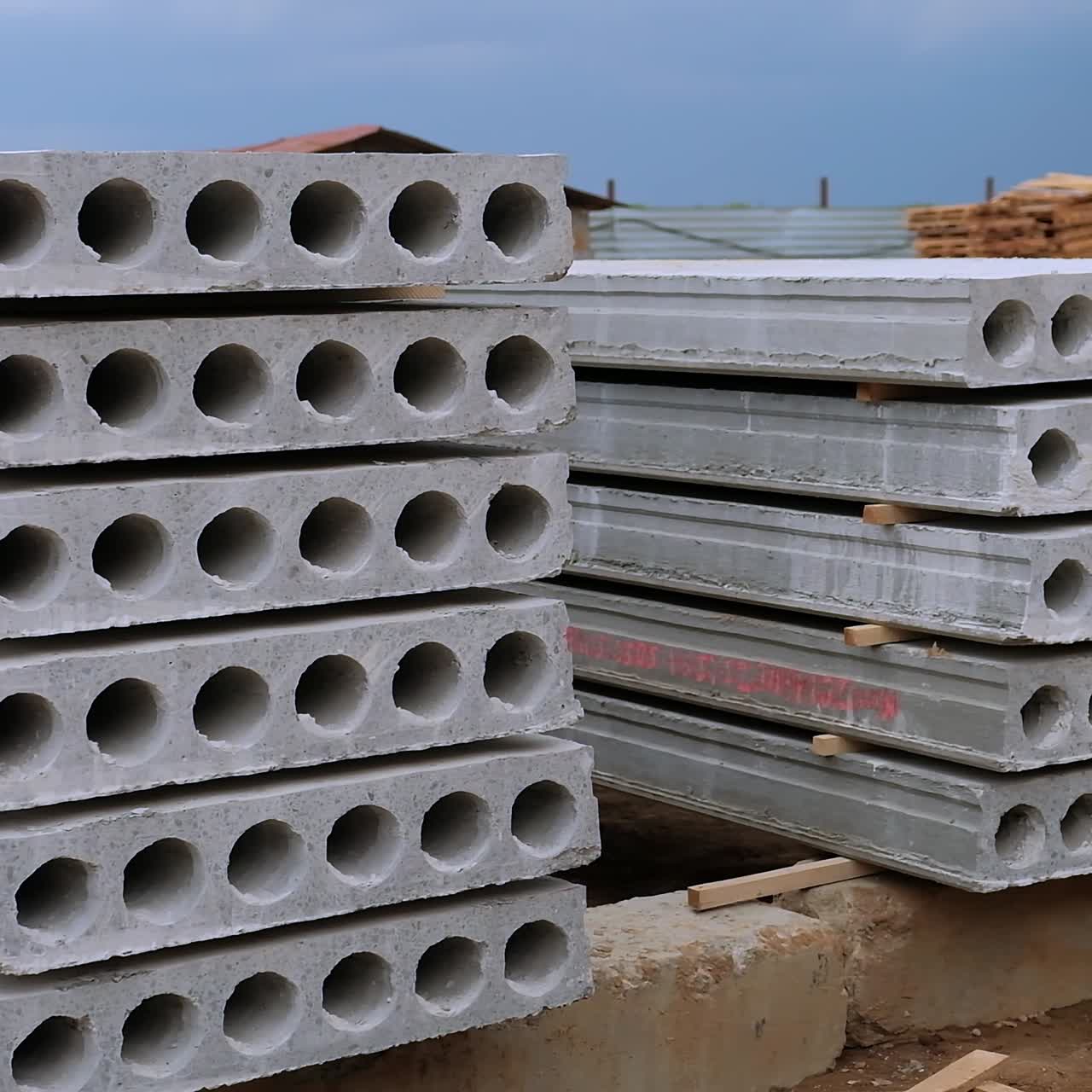 Two piles of stacked concrete blocks for house construction. Materials at the building site outdoors