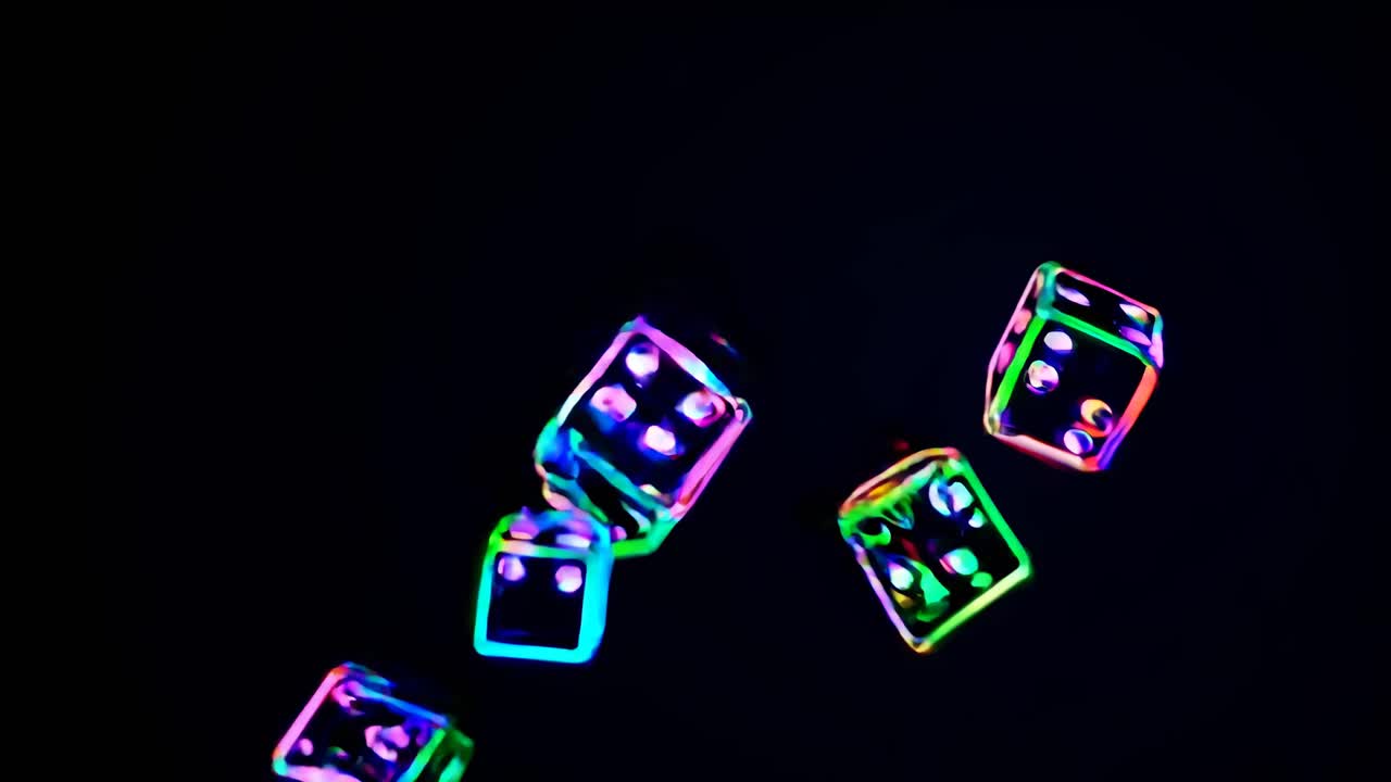 Colorful dice in mid-air against a black background, captured in a dynamic low-angle shot