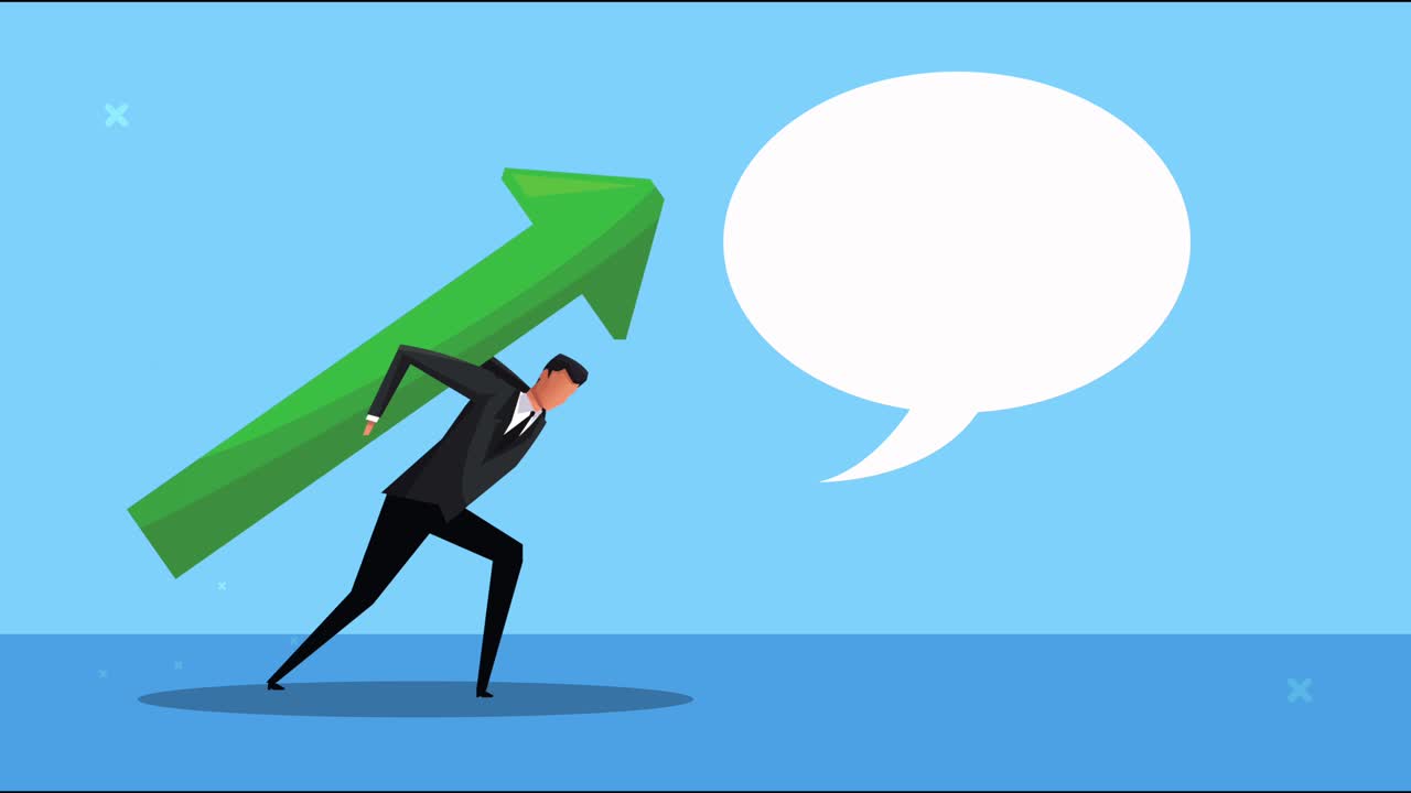 우아한 성공한 사업가 연설 거품으로 화살을 들어 올리는