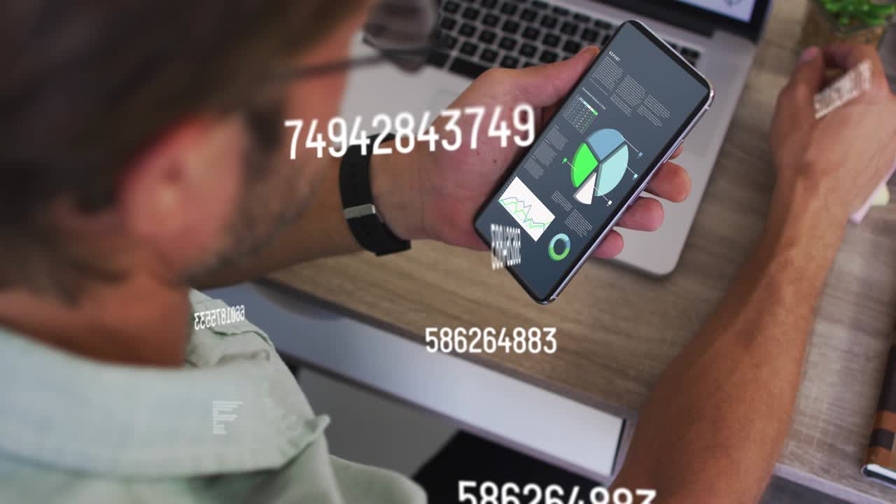 Reaching for smartphone, office worker lifting device and monitoring data with streaming numbers