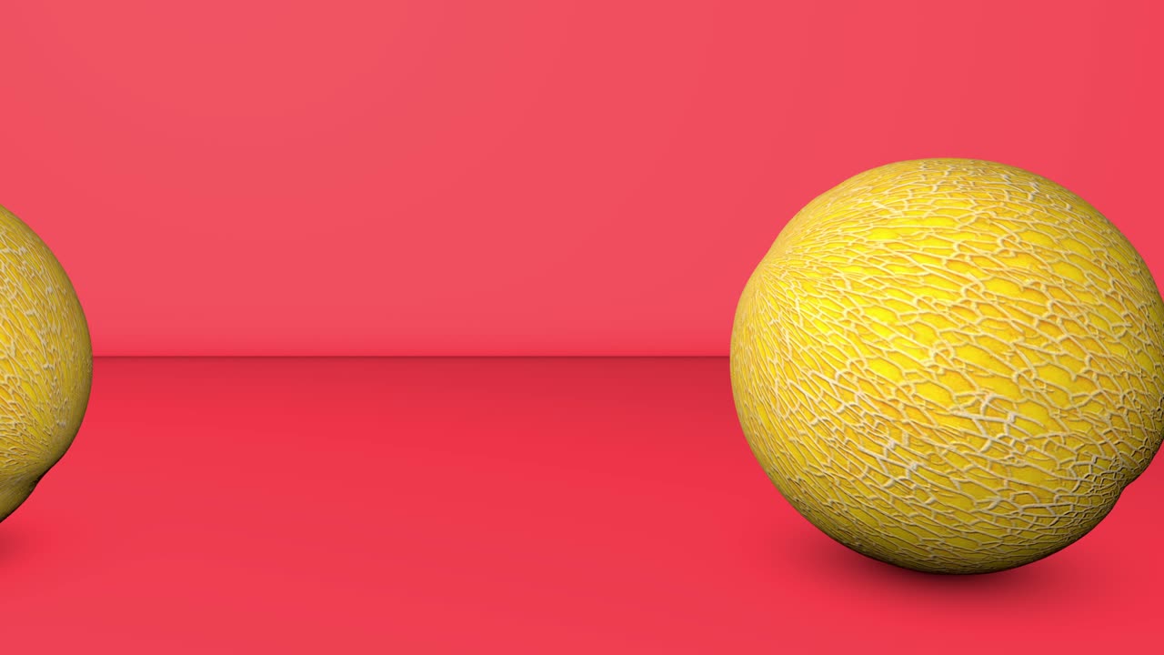 animación en 3d de un melón rodando sobre un fondo rojo. en bucle