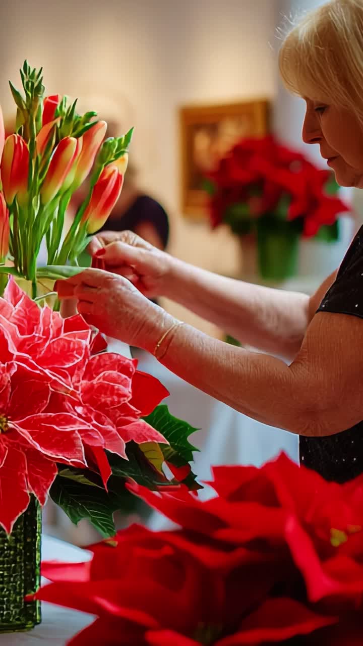 A Dedicated Florist Crafts Stunning Floral Arrangements with Vibrant Red Poinsettias and Elegant Tulips, Showcasing Her Artistic Touch and Passion for Flower Design in a Beautiful Setting