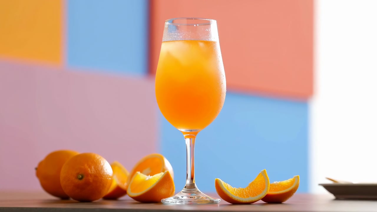 Un bicchiere alto di succo d'arancia si trova su un tavolo di legno circondato da arance intere e fette, con luce naturale brillante e uno sfondo pastello tenue.