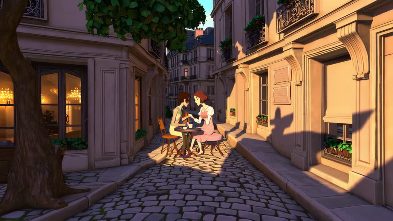 Parisian Cafe Scene at Sunset
