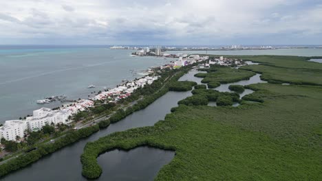 Vehicles-on-road-between-resort-hotels-and-mangrove-swamp,-Cancun