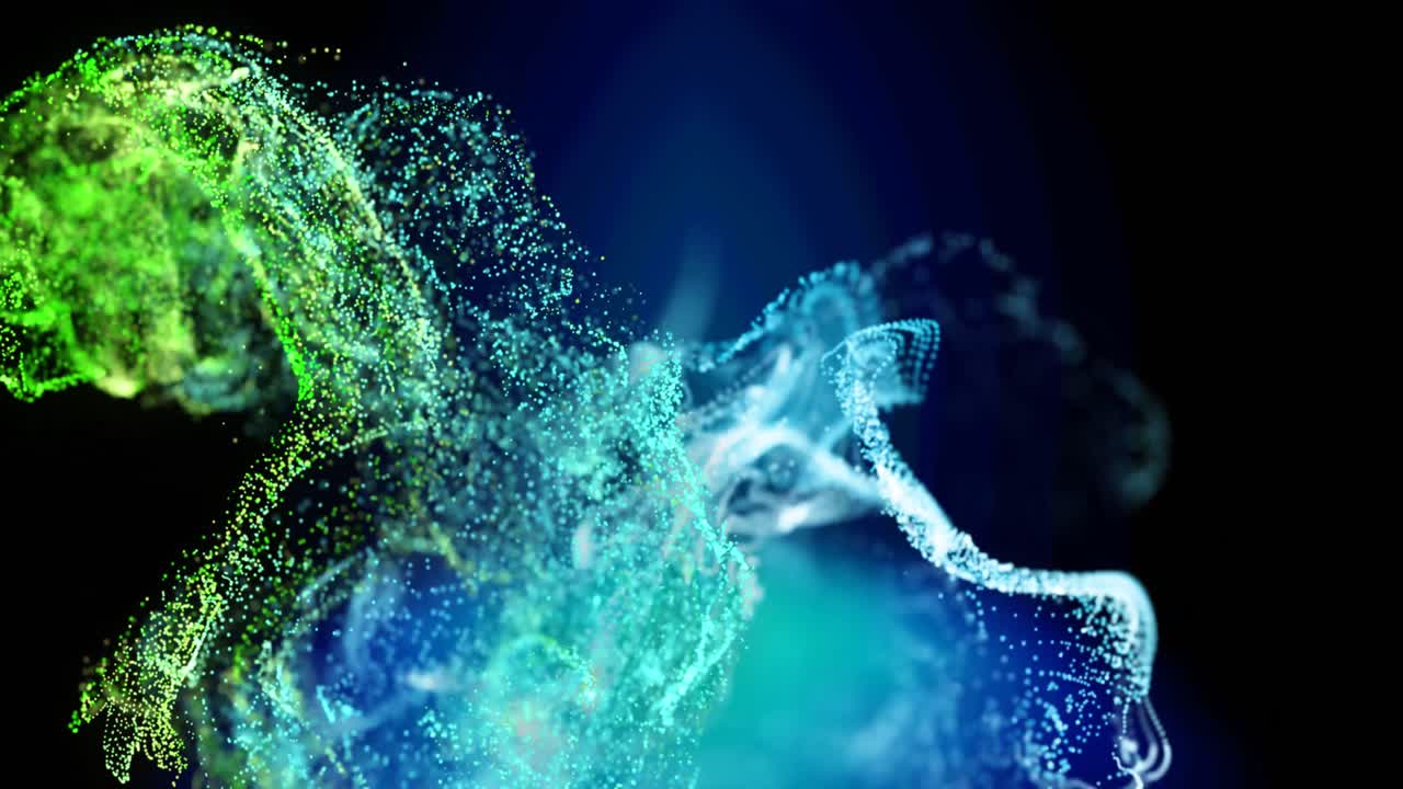 Animation of green and blue particle clouds moving on black background