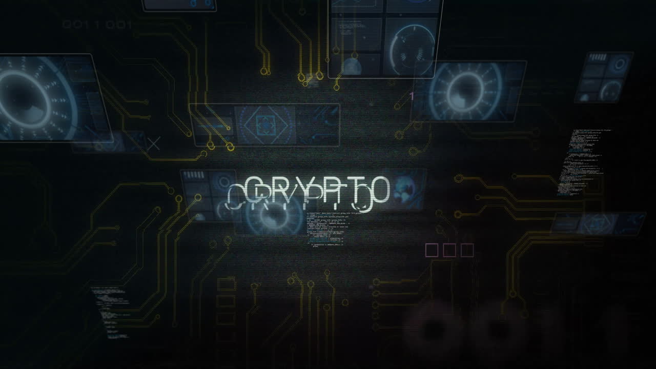 Glowing CRYPTO text surrounded by digital circuits and technology symbols animation