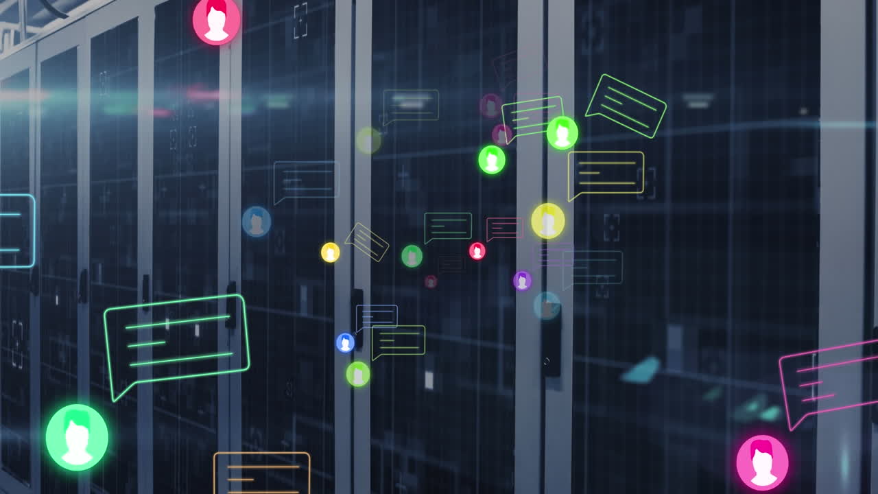 Animation of multiple message and profile icons floating and light spot against server room