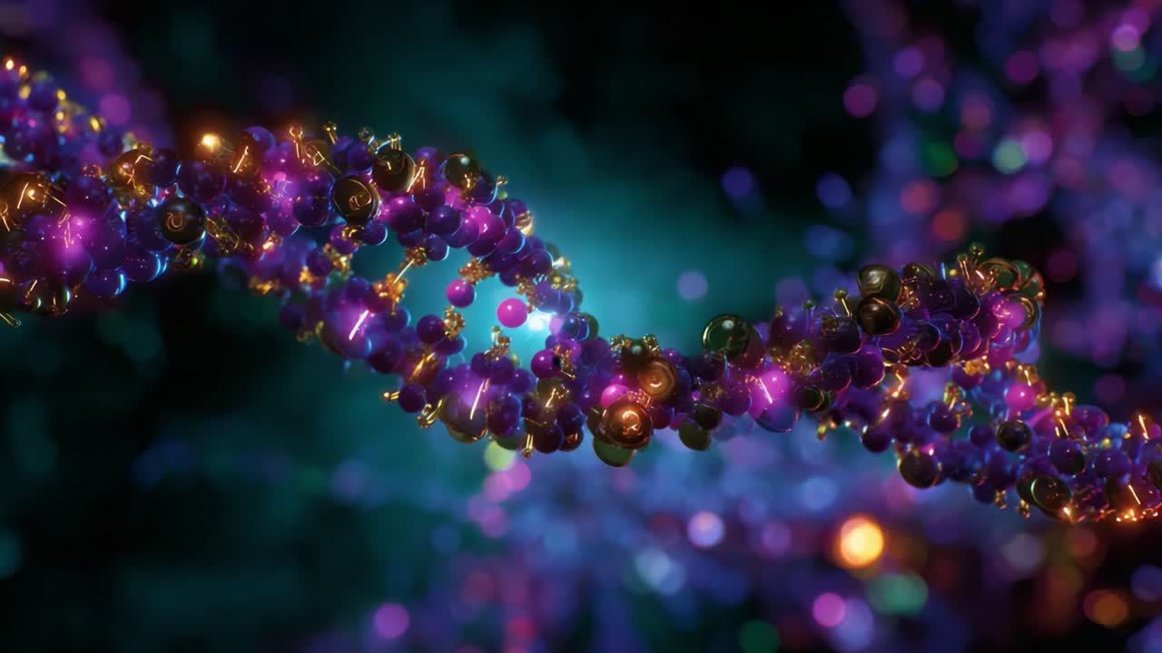 A Stunning Visualization of DNA Structure with Colorful Atoms and Molecules Set Against a Mysterious Background Highlighting the Complexity of Genetics