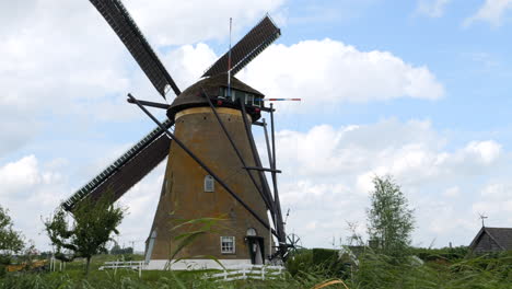 wonderful shot of a windmill turning its blades and in a green landscape