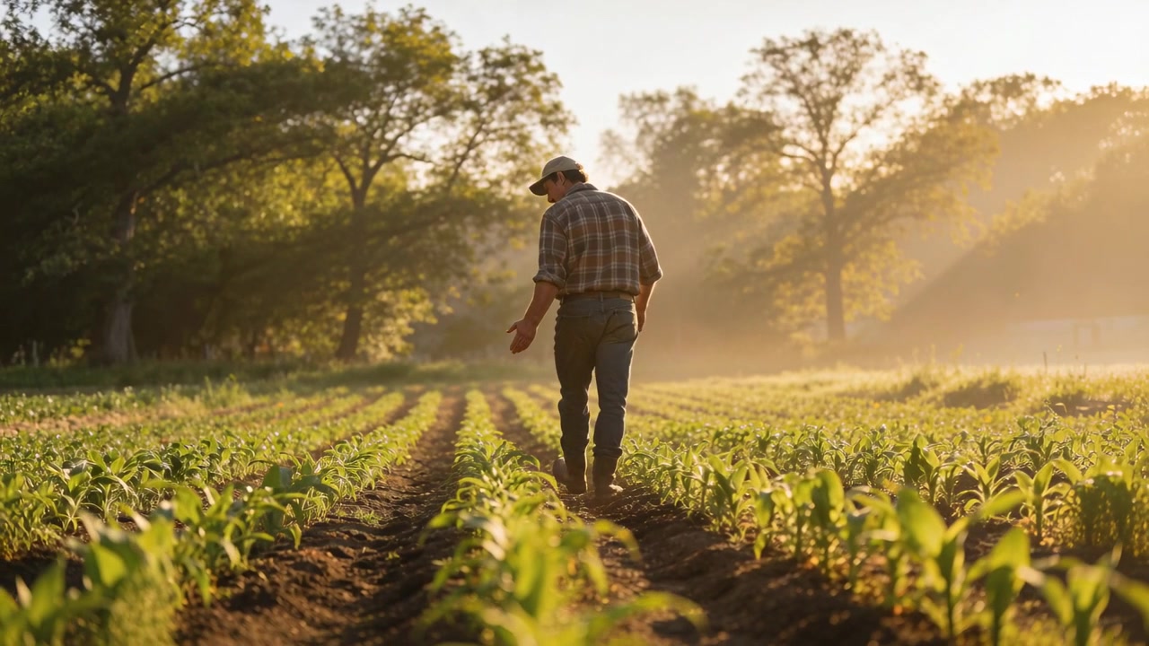 Fazendeiro caminhando, começando na borda do campo pelo sulco, inspecionando plantas de milho para crescimento, boné e botas