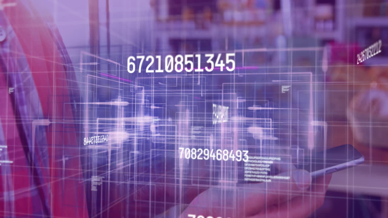 Animation of changing numbers, light trails against mid section of man using smartphone at a store
