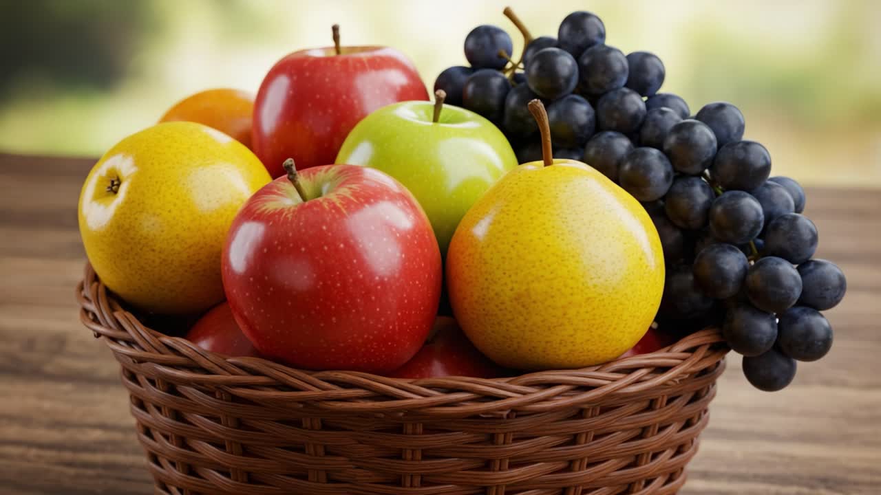 A variety of fresh fruits, including apples, pears, and grapes, arranged in a wicker basket
