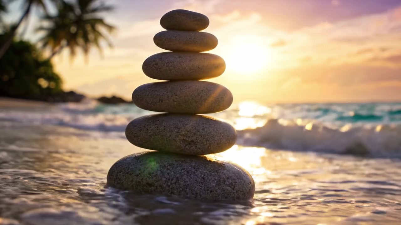 A Serene Moment at Sunset: A Rock Cairn Stands Tall Beside Gentle Waves and Palm Trees on a Peaceful Beach, Capturing the Essence of Tranquility and Nature's Beauty