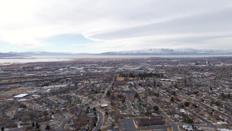 aerial view of provo city with utah lake - a freshwater lake in utah county, utah, united states