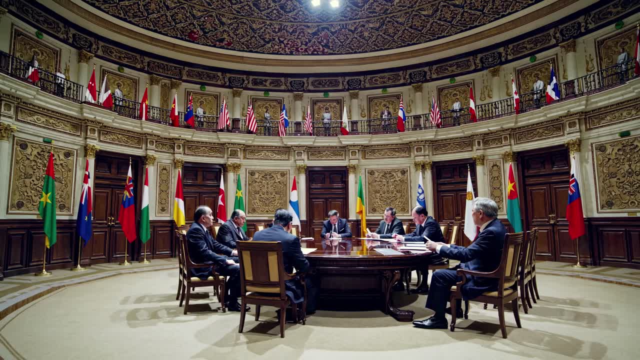 Wide-angle shot of a grand conference room with diplomats around a circular table