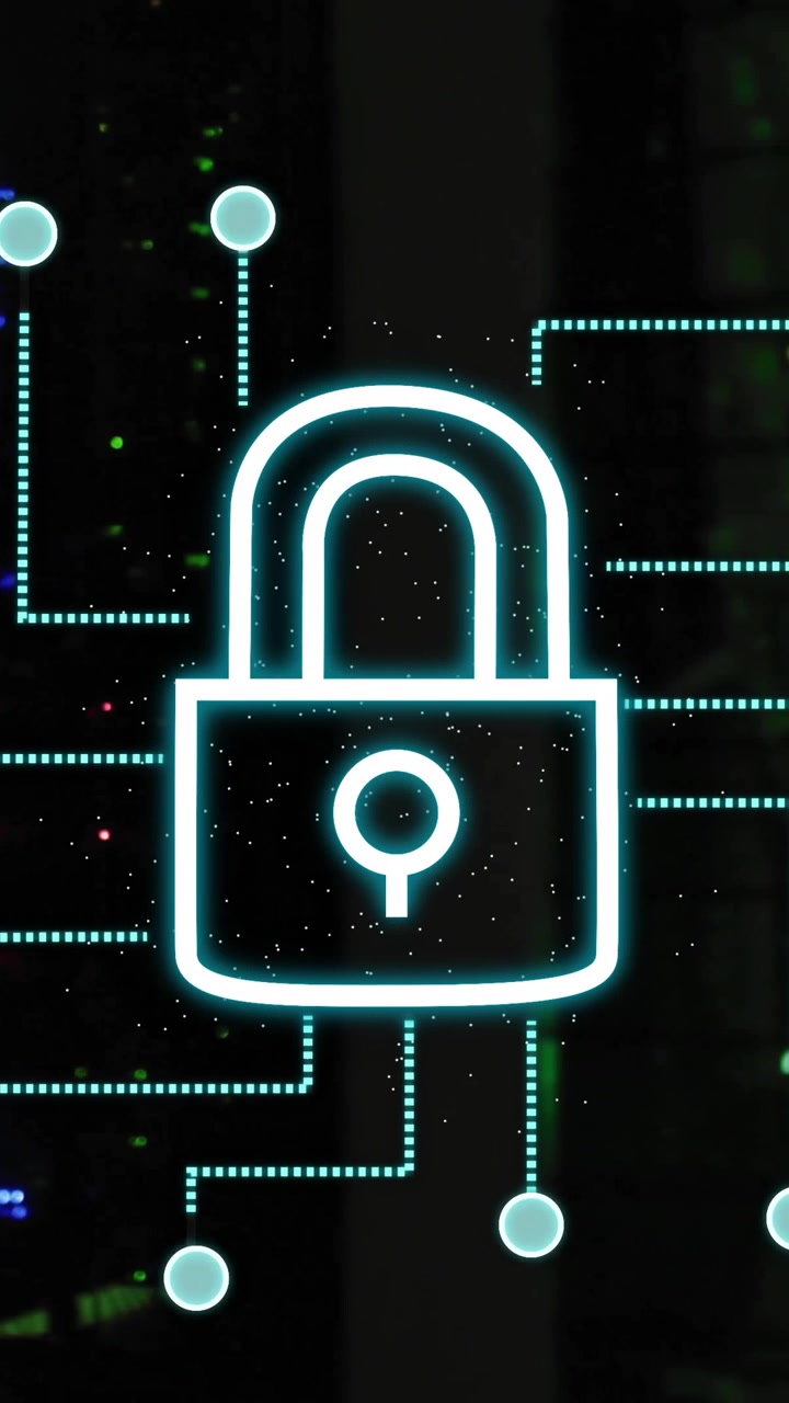 Lock icon with circuit lines animation over server room background